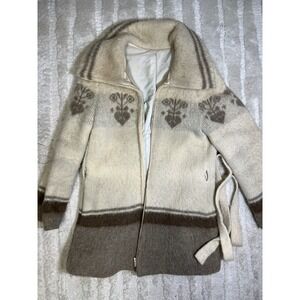 VTG 70's Icelandic VAKA Pure Wool Coat Zip Front Beige Brown Tie Belt